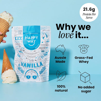 HAPPY WAY Vanilla Whey Protein Powder - 1kg | Smooth Vanilla Essence | Supports Toning & Muscle Recovery | Ideal for Shakes, Smoothies & Healthy Recipes