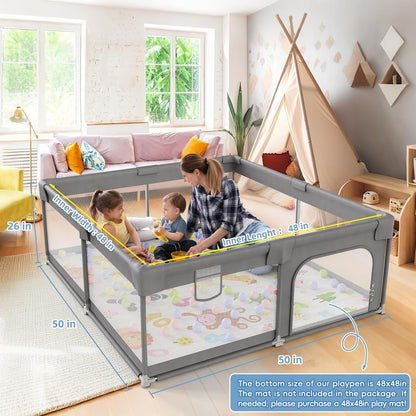 Palopalo Baby Laufgitter, 180x150cm Extra Großer Laufstall für Babys und Kleinkinder, Baby-Aktivitätszentrum mit 8 Saugnapfbasen, Baby-Laufstall mit Tür und weichem, atmungsaktivem Netz, Ohne Matte