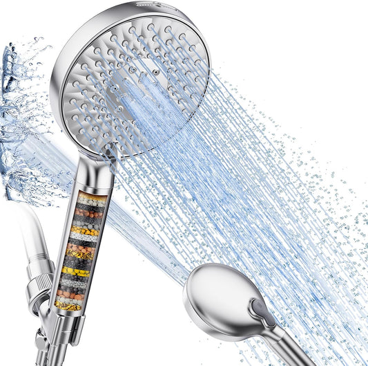Filtered Shower Head with Handheld, High Pressure 9 Spray Mode Chrome Showerhead with Filters,Detachable Shower Head,Water Softener Filters Beads for Hard Water -Remove Chlorine