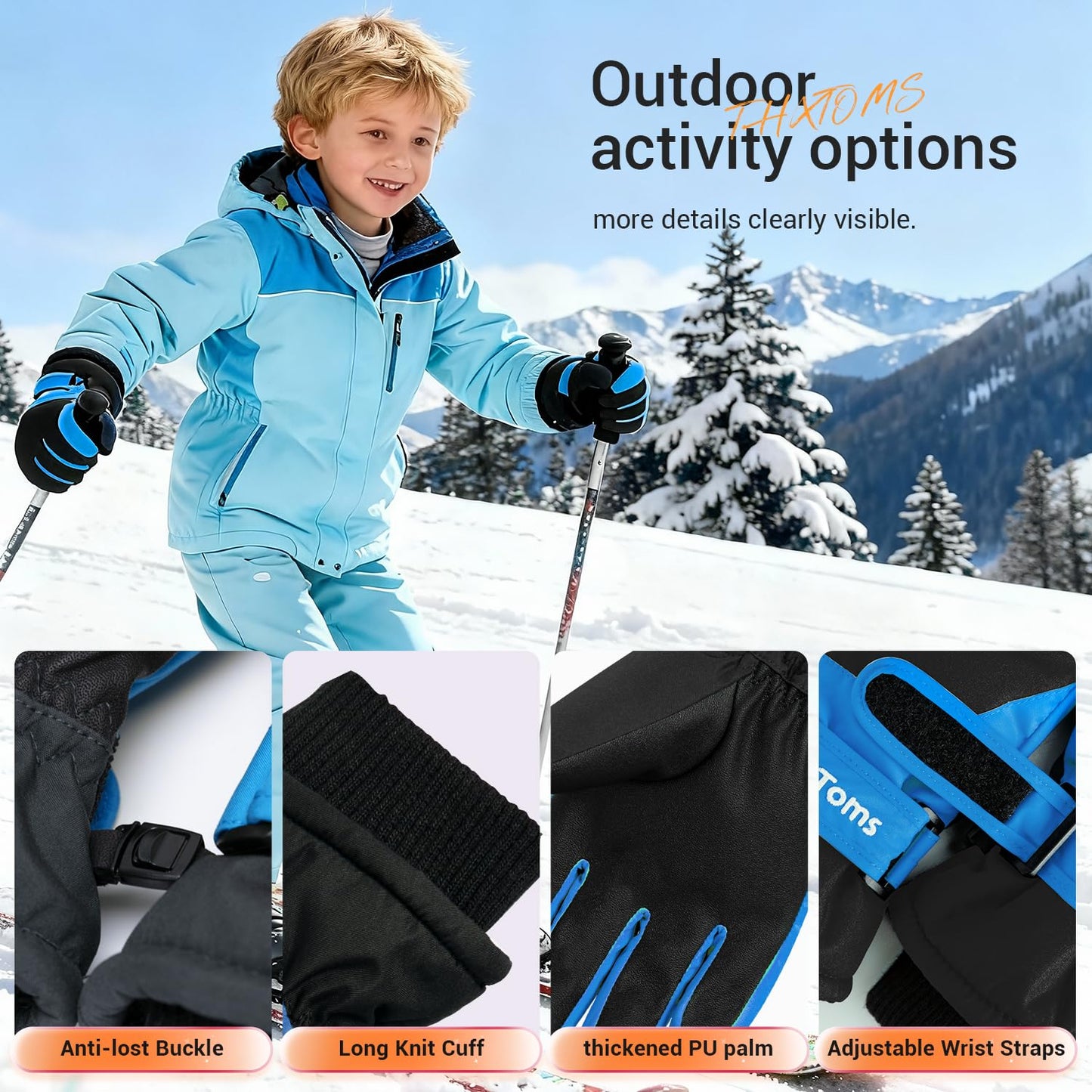 ThxToms Kinder Winterhandschuhe Wasserdichte Ski-Snowboardhandschuhe für Outdoor-Sportarten, Jungen und Mädchen Kaltwetter-Fahrradhandschuhe