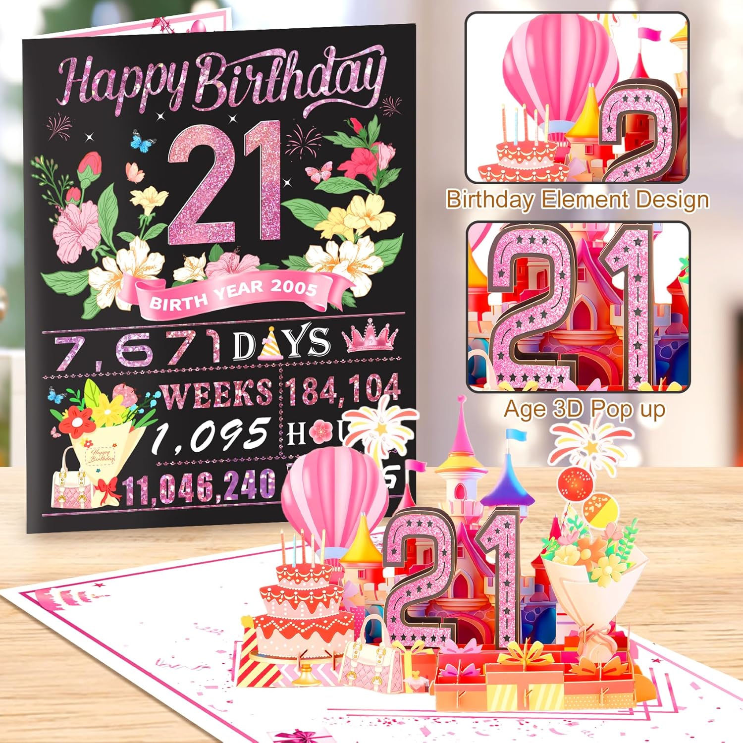 21st Birthday Card,3D Pop Up Funny 21st Birthday Decorations for Girls Granddaughter Sister,Happy 21 Year Old Birthday Gift for Daughter,Great 21Year Old Gifts Idea for Her,Jumbo Rose Glod In 2005