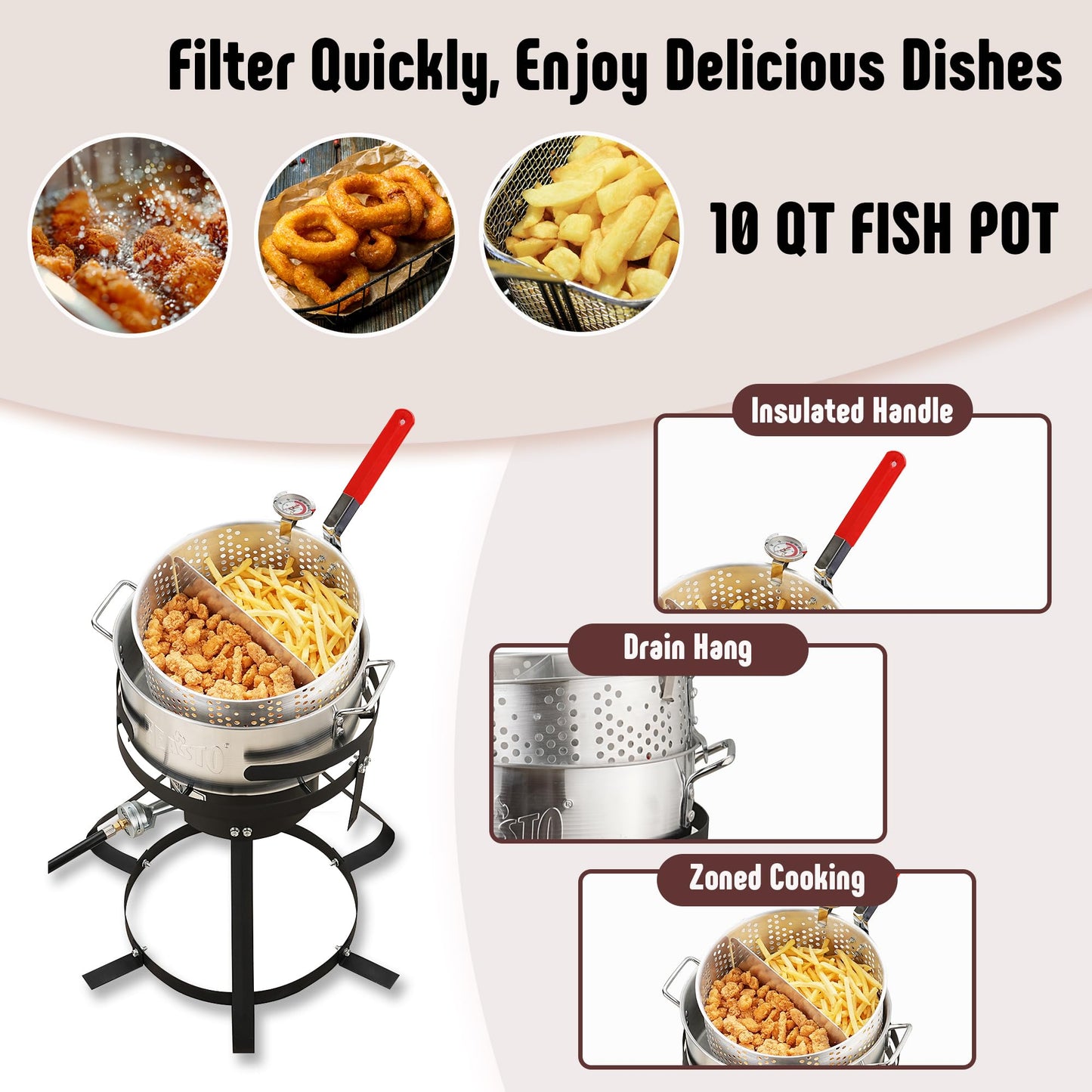 Feasto 10 Qt Outdoor Propane Gas Fish Fryer Pot Kit with Strainer Basket | Aluminum, 50,000 BTU Burner, Adjustable 0-5 PSI Regulator, Perfect for Boiling and Frying
