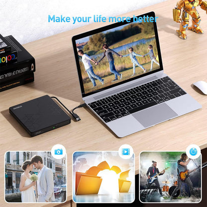 ORIGBELIE externes DVD-Laufwerk, CD-Laufwerk USB 3.0 Typ-C CD/DVD ROM +/-RW Adapter mit USB-Anschluss DVD-Brenner für Laptop, PC, Desktop-Computer, optisches Laufwerk CD-Player kompatibel mit Mac Windows Linux