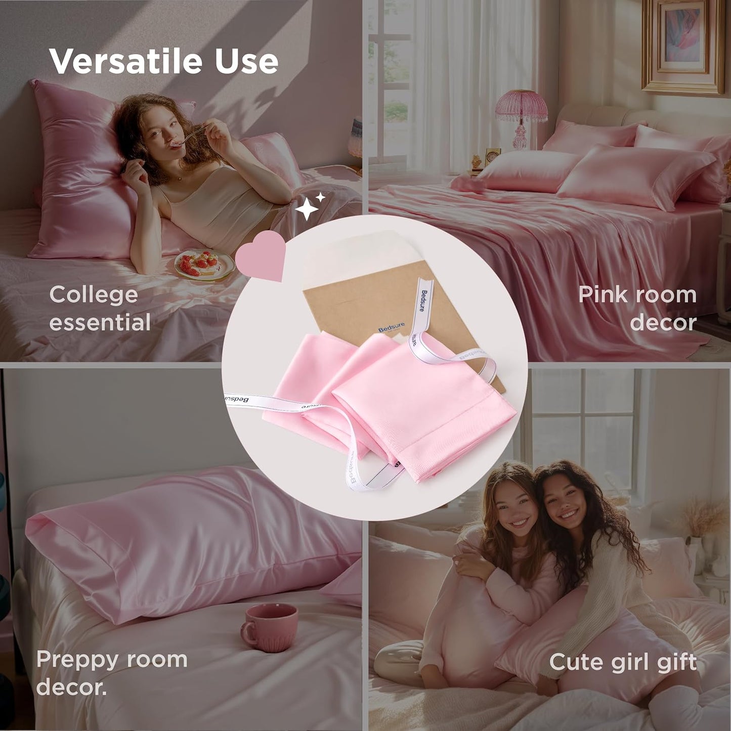 Bedsure Satin-Kissenbezug, Queen-Size, 2er-Pack, Seidenkissenbezügen ähnlich, seidige Kissenhüllen mit Hotelverschluss, Raumdeko, Valentinsgeschenke für Frauen und Männer, Grau, 50x75 cm