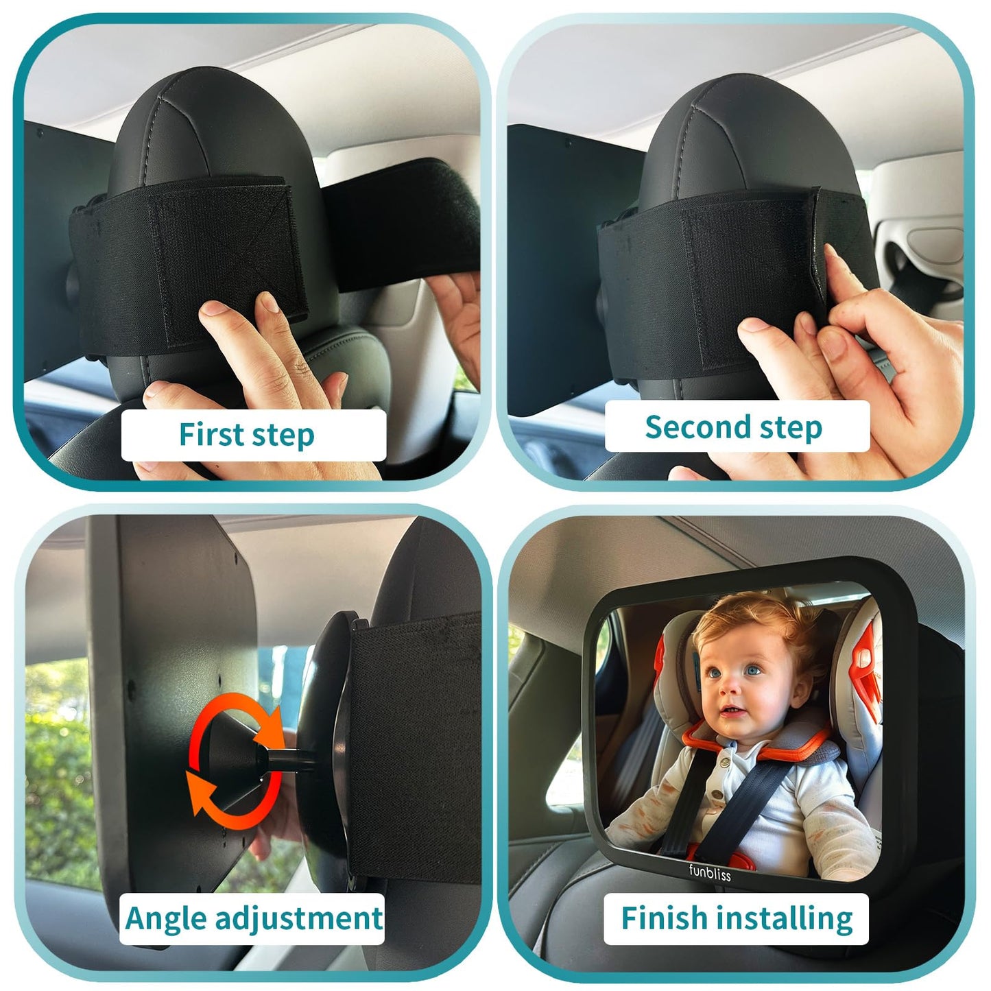 Funbliss Baby-Rückspiegel für rückwärtsgerichteten Autositz, 360° drehbar, sicherheitszertifiziertes, bruchsicheres Acrylglas, klare Weitsicht, Baby-Autospiegel für rückwärtsgerichteten Kindersitz, Baby-Fahrzeugspiegel