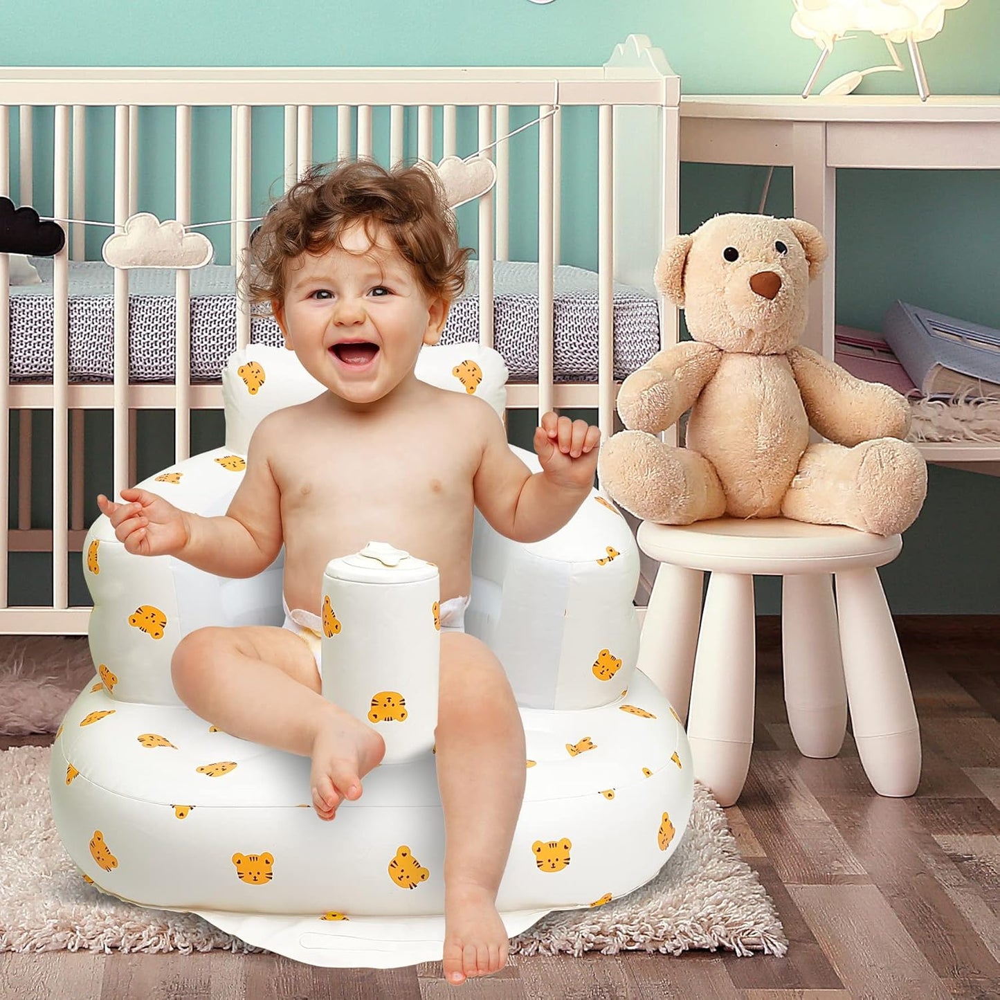 Aufblasbarer Babysitz, aufblasbarer Babystuhl für Babys ab 3 Monaten, aufblasbarer Sommerstuhl mit integrierter Luftpumpe, Baby-Bodensitz zum Sitzenlernen, Spielen, Campen, Orange