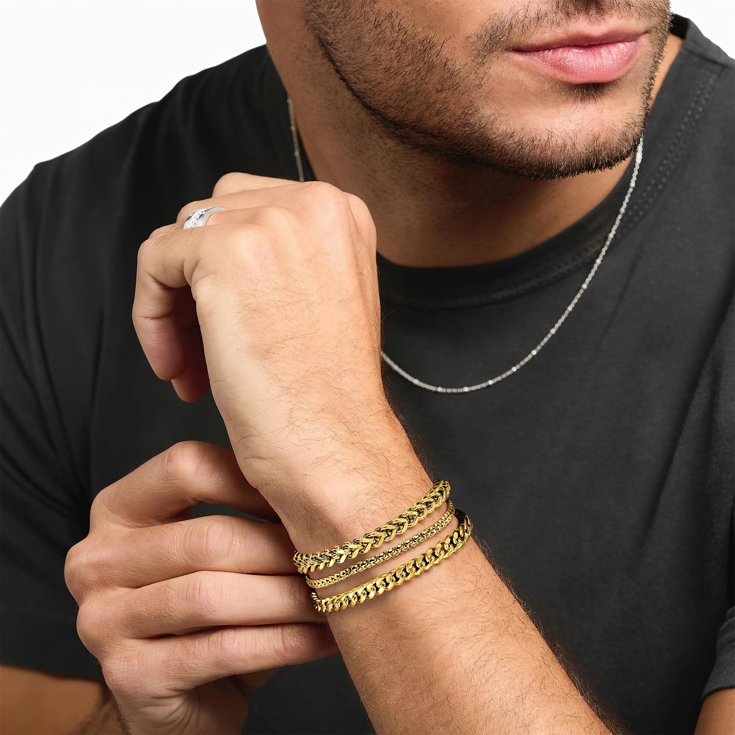 DAYANEY 3 Stücke Herrenarmband Silberarmbänder für Männer Set Wasserdicht Edelstahl Herrenschmuck, Verstellbares Cuban Gliederarmband Osterkorb Füller für Ihn, Vater oder Sohn Pulseras Para Hombre