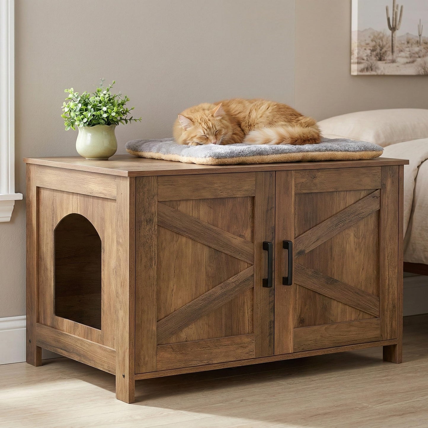 Homhedy Cat Litter Box Enclosure, Wooden Cat Washroom Furniture with Barn Door, Pet House, Fit Most of Litter Box, White
