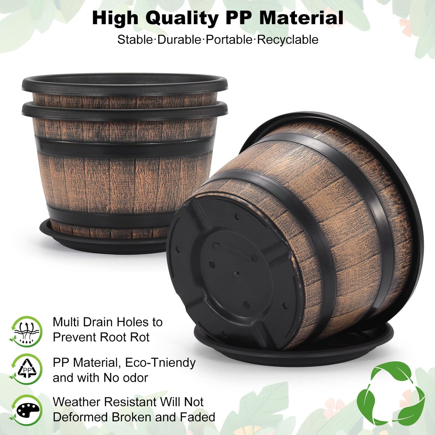Quarut Plant Pots Set of 4 Pack 12 inch,Large Whiskey Barrel Planters with Drainage Holes & Saucer.Plastic Flower Pots Imitation Wine Barrel Design, for Indoor & Outdoor Garden Home Plants (Brown)