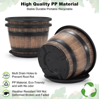 Quarut Plant Pots Set of 4 Pack 12 inch,Large Whiskey Barrel Planters with Drainage Holes & Saucer.Plastic Flower Pots Imitation Wine Barrel Design, for Indoor & Outdoor Garden Home Plants (Brown)
