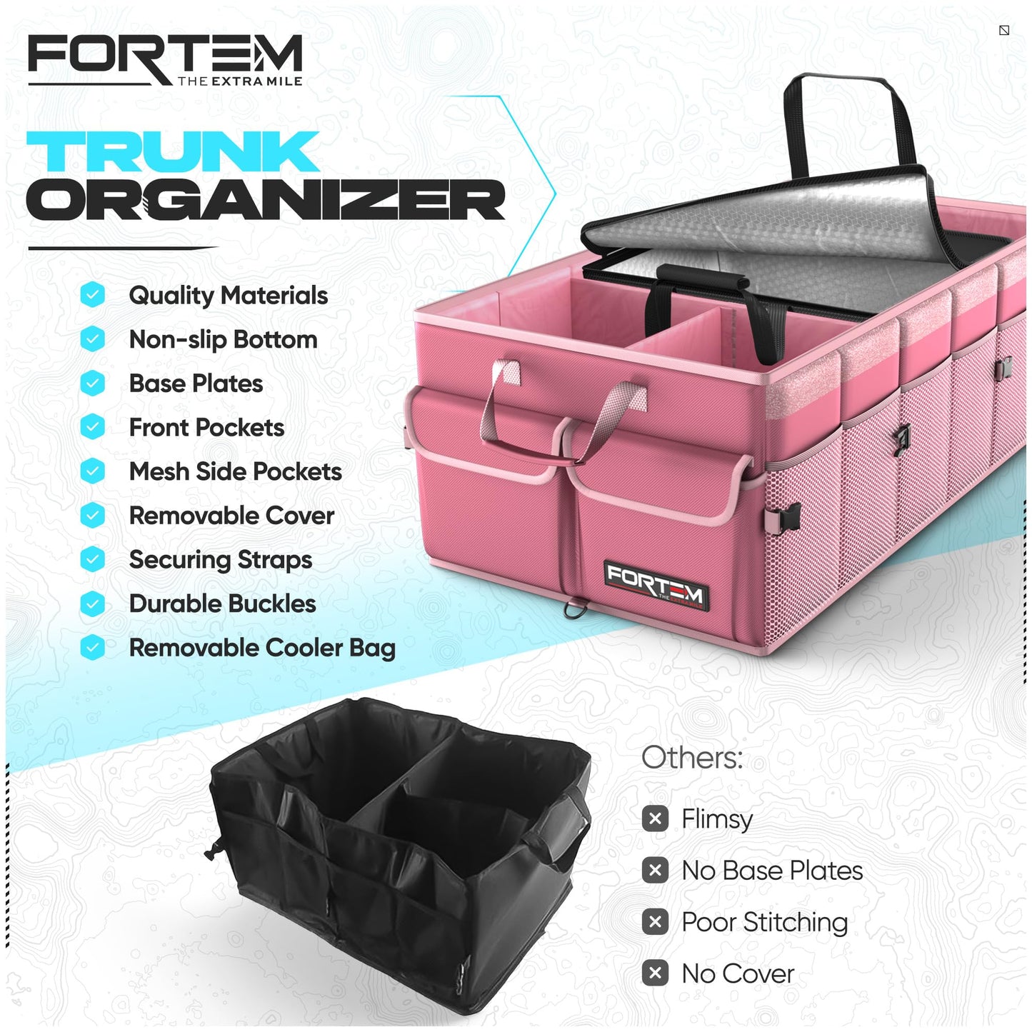 FORTEM Car Trunk Organizer, Collapsible Multi Compartment Car Organizer, Foldable SUV Storage for Car Accessories for Women Men, Non Slip Bottom, Securing Straps, Soft Cover 50L (Black, Standard)