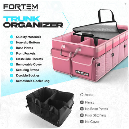 FORTEM Car Trunk Organizer, Collapsible Multi Compartment Car Organizer, Foldable SUV Storage for Car Accessories for Women Men, Non Slip Bottom, Securing Straps, Soft Cover 50L (Black, Standard)