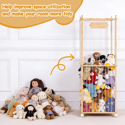 TANONE Stuffed Animal Storage - Wooden Large Organizer Holder for Playroom - Plush Zoo Animals Holder with Elastic Cords & Brake Wheel for Toddler Bedroom Toy Stuff Organization