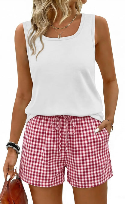 WIHOLL Two Piece Sets for Women Summer Lounge Short Sets Tank Square Neck Sleeveless Sweatsuit with Pocket