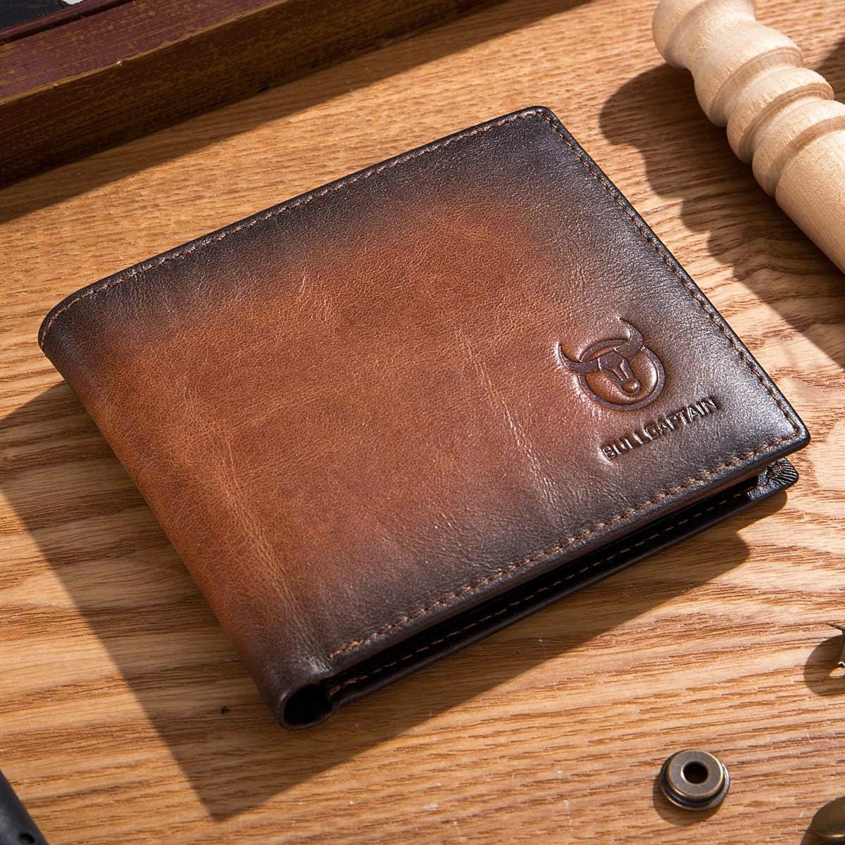 BULLCAPTAIN RFID Wallets for Men Slim Bifold Genuine Leather Front Pocket Wallet with 2 ID Windows QB-05, Brown, Small, Retro