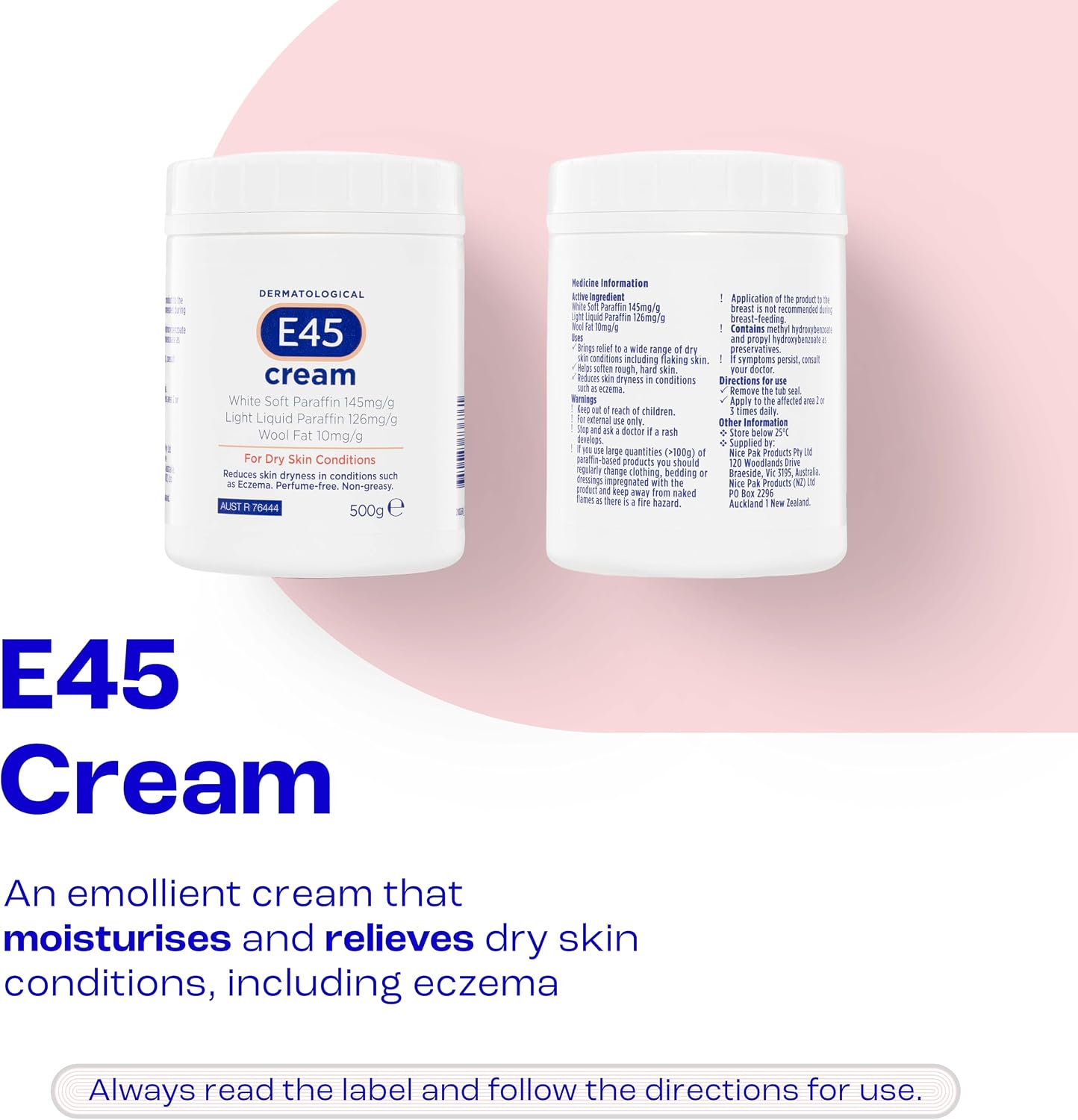 E45 - Dermatological Cream For Dry Skin Conditions ; Non Greasy Emollient ; Hypoallergenic ; 350g