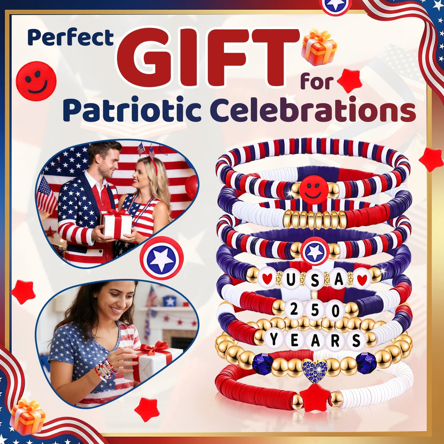 250 Anniversary USA Merchandise 4th of July Outfits for Women Men Teens Red White Blue Clay Beaded Stretch Bracelets USA Patriotic Jewelry 4th of July Accessories