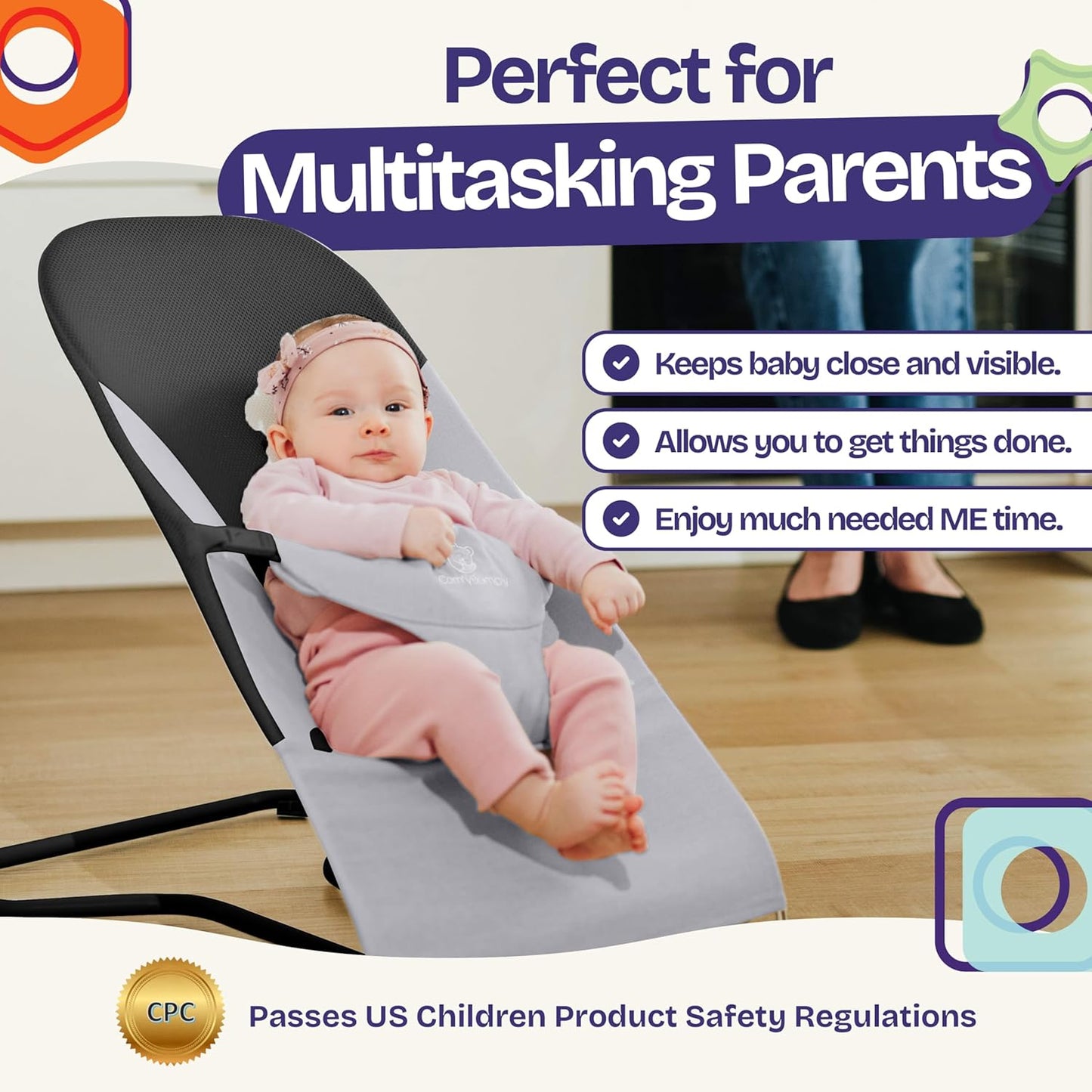 ComfyBumpy Ergonomische Babywippe – Inklusive Reise-Tragetasche – Sichere, tragbare Wippe mit verstellbarer Höhe – Babywippe, perfekt für Neugeborene (Grau)