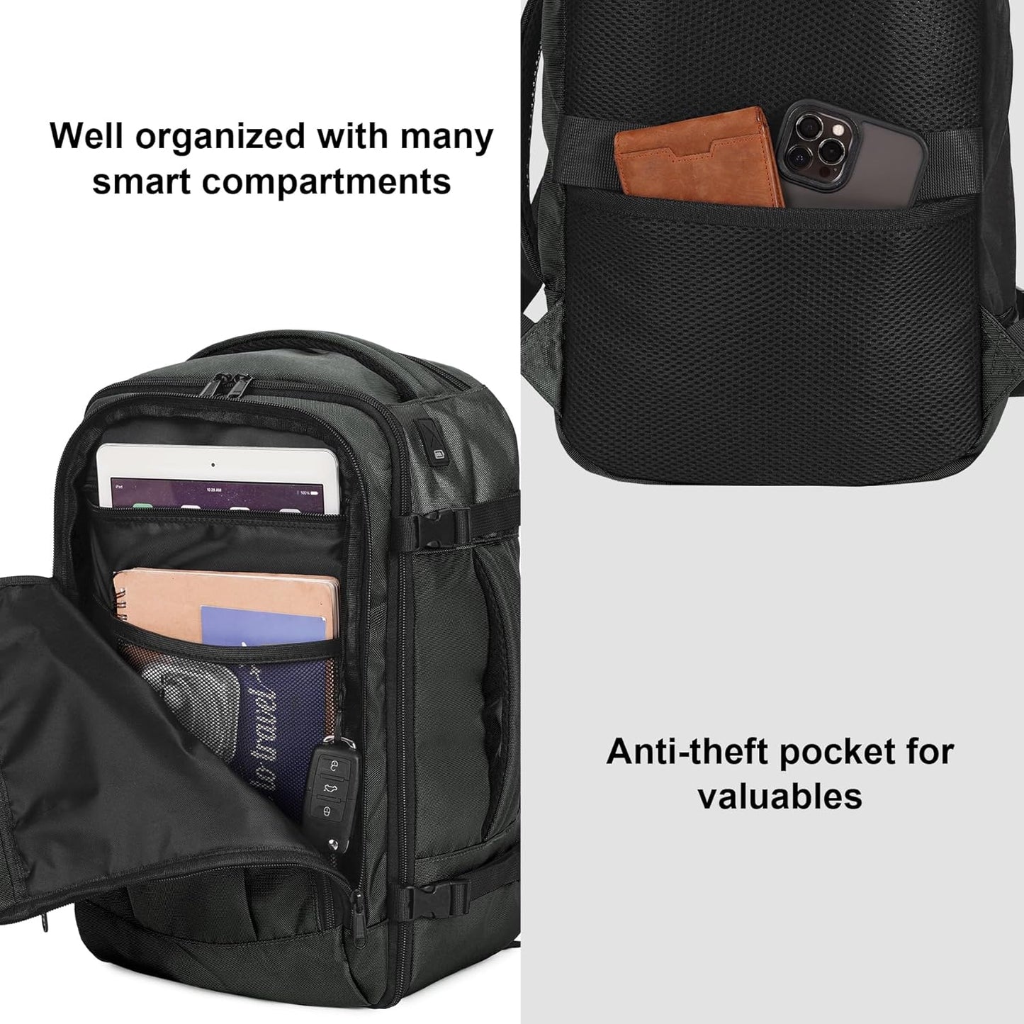 ECOHUB 16'' Reise-Rucksack Handgepäck Unterseat-Rucksack Persönlicher Gegenstand Flugzeug-Reisetasche mit 13 Taschen Handgepäck Flaschenhalter USB-Ladeanschluss Casual Daypack für Frauen Männer Schwarz