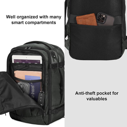 ECOHUB 16'' Reise-Rucksack Handgepäck Unterseat-Rucksack Persönlicher Gegenstand Flugzeug-Reisetasche mit 13 Taschen Handgepäck Flaschenhalter USB-Ladeanschluss Casual Daypack für Frauen Männer Schwarz