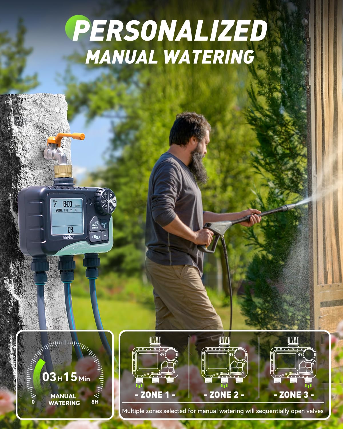 RAINPOINT 3 Zone Water Timer with Brass Inlet & Outlet, 3 Custom Watering Plans Sprinkler Timer, Featuring IP65 Waterproof,Rain Delay, Manual & Automatic Watering with Large LCD for Yard, 2026 Ver.
