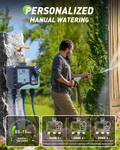 RAINPOINT 3 Zone Water Timer with Brass Inlet & Outlet, 3 Custom Watering Plans Sprinkler Timer, Featuring IP65 Waterproof,Rain Delay, Manual & Automatic Watering with Large LCD for Yard, 2026 Ver.