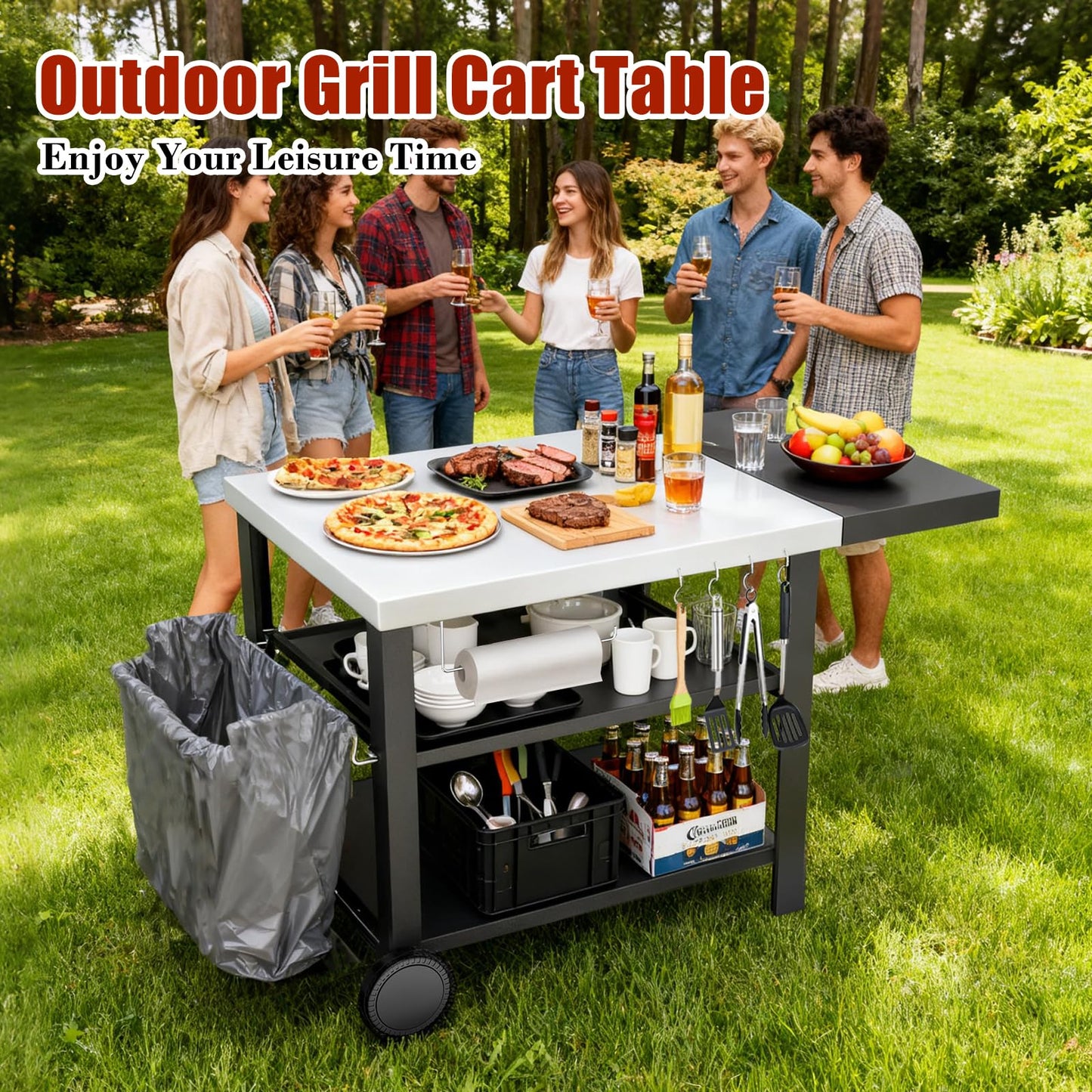 Pizza Oven Table Grill Cart with Topping Station, Grill Table Stand with Wheels for Ninja, Blackstone Griddle, Ooni, Gozney, Cuisinart, Heavy Duty BBQ Prep Cart with Storage Shelf and Hooks