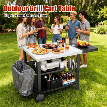 Pizza Oven Table Grill Cart with Topping Station, Grill Table Stand with Wheels for Ninja, Blackstone Griddle, Ooni, Gozney, Cuisinart, Heavy Duty BBQ Prep Cart with Storage Shelf and Hooks