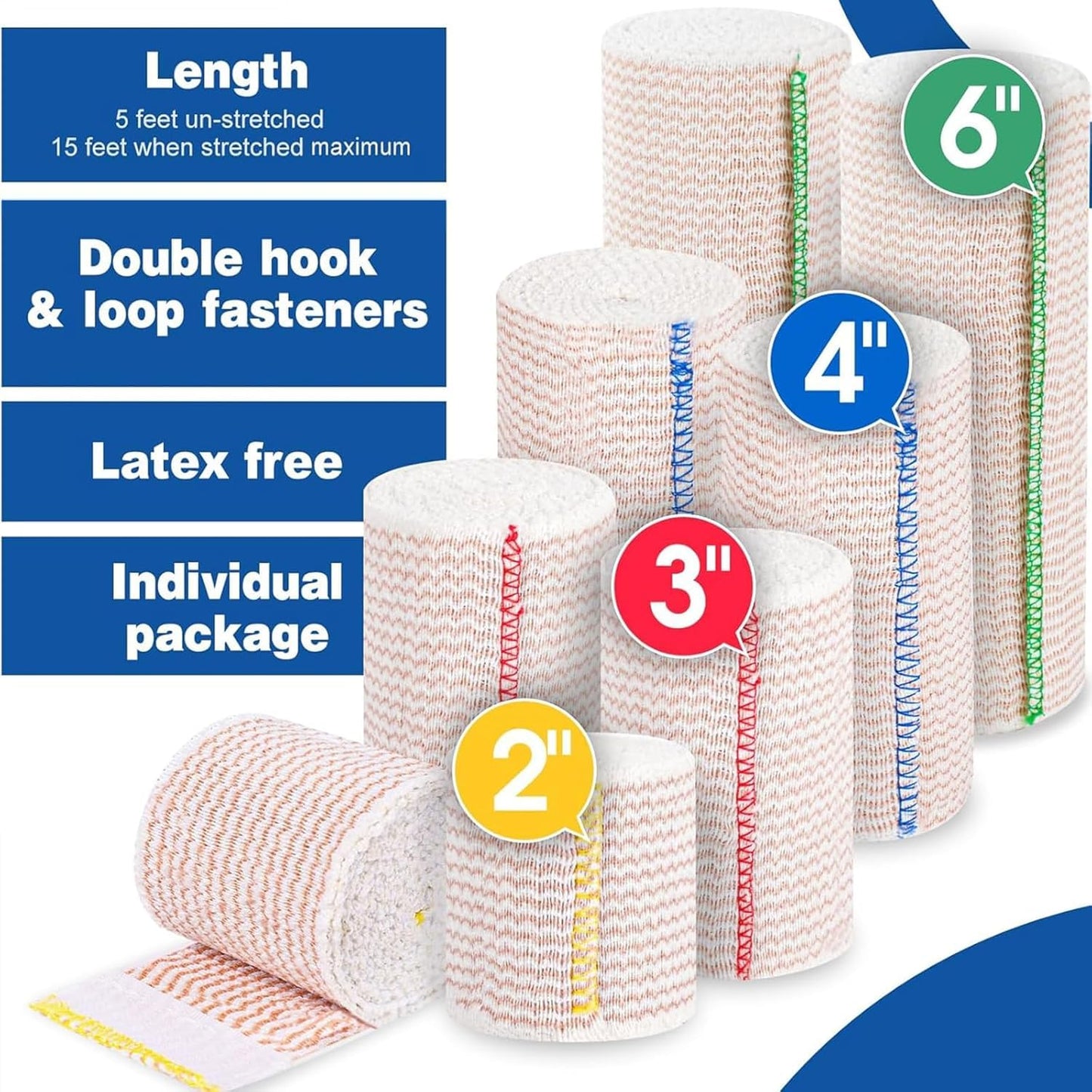 AZEN Premium 8 Pack Elastic Bandage Wrap (2x2", 2x3", 2x4", 2x6"), Compression Wrap Bandage for Legs, Ankle, Knee, Tummy, Body, Latex-Free, Lymphedema Wraps for Legs