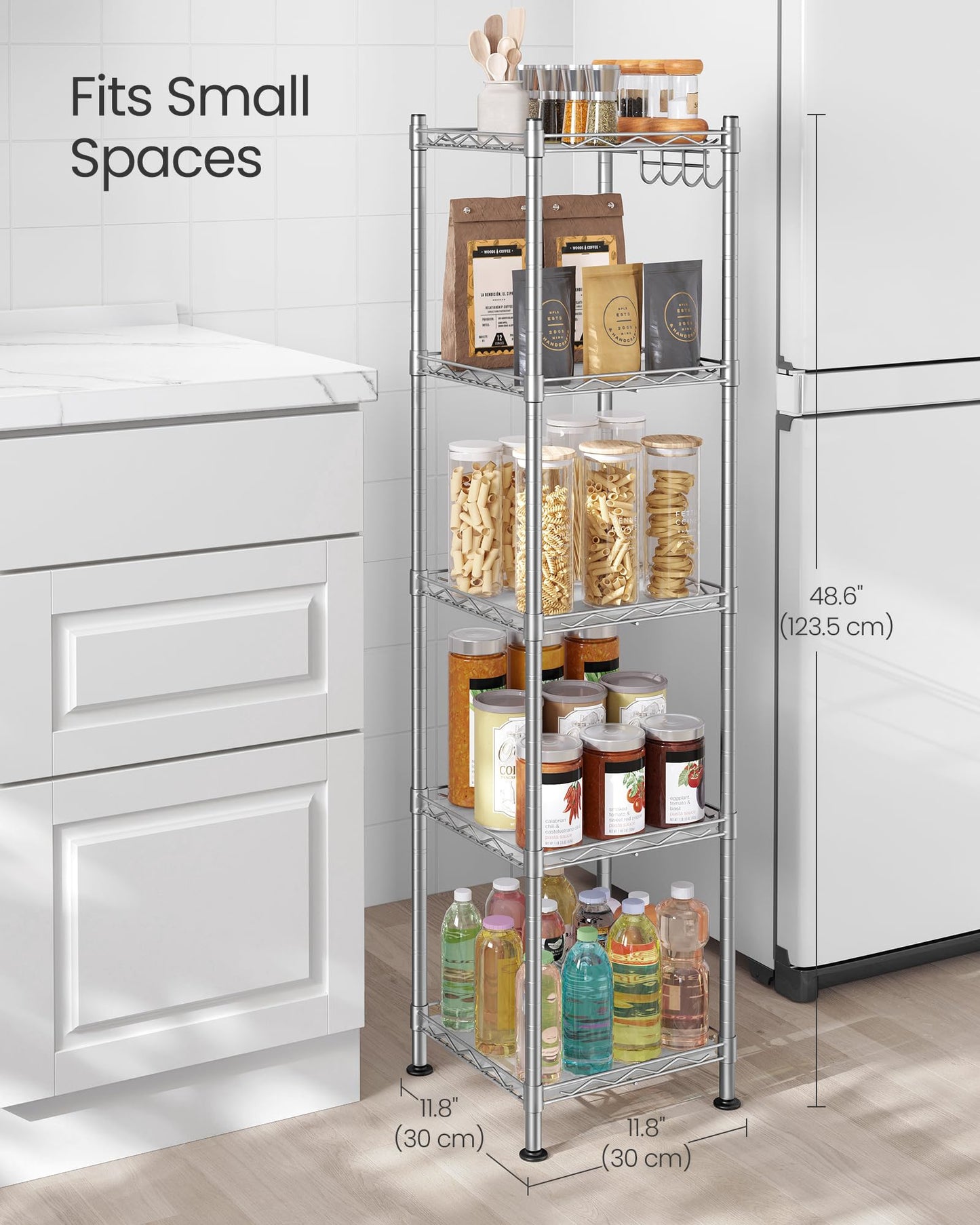 SONGMICS Storage Shelf, Small Metal Wire Shelving Unit, Adjustable Shelves, for Small Spaces, Garage, Bedroom, Living Room, Kitchen, Pantry, 5 Tier, 11.8 x 11.8 x 47.6 Inches, Ink Black ULGR123BH01