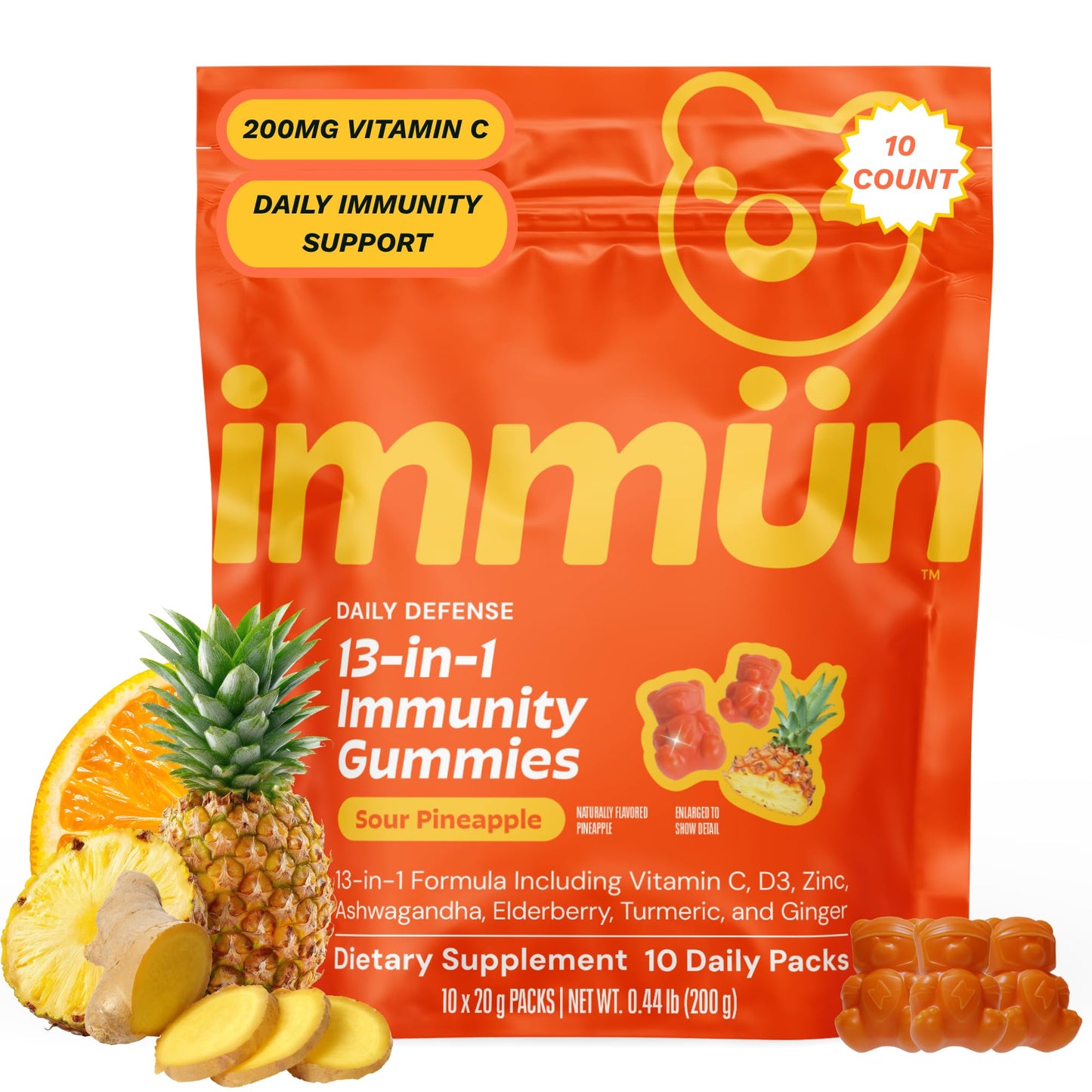Grüns 3 x 28 Pack Immun Sugar Free Immunity Gummies with Vitamin C, Zinc, MCT Oil, & Turmeric - Daily Immune Support Supplement for Adults - Sour Pineapple Flavor (28 Count) (Pack of 3)