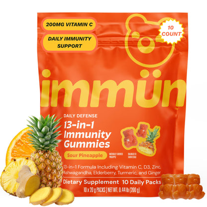 Grüns 3 x 28 Pack Immun Sugar Free Immunity Gummies with Vitamin C, Zinc, MCT Oil, & Turmeric - Daily Immune Support Supplement for Adults - Sour Pineapple Flavor (28 Count) (Pack of 3)