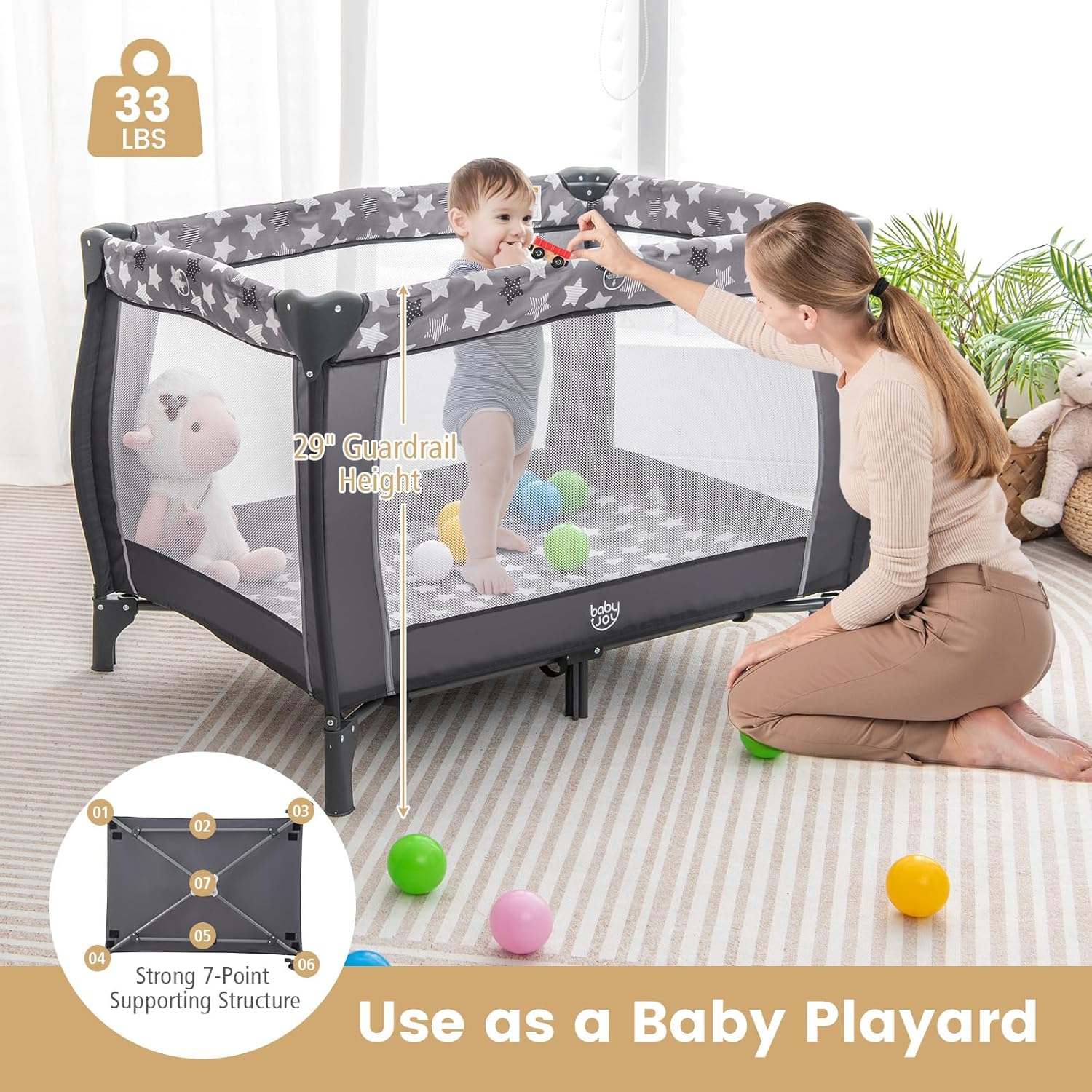 Costzon 3 in 1 Pack and Play with Bassinet, Portable Baby Playard with Changing Table, Music Box, Hangings, Wheels/Brake, Basket, Foldable Infant Bassinet Crib for Baby Toddlers Indoor Outdoor