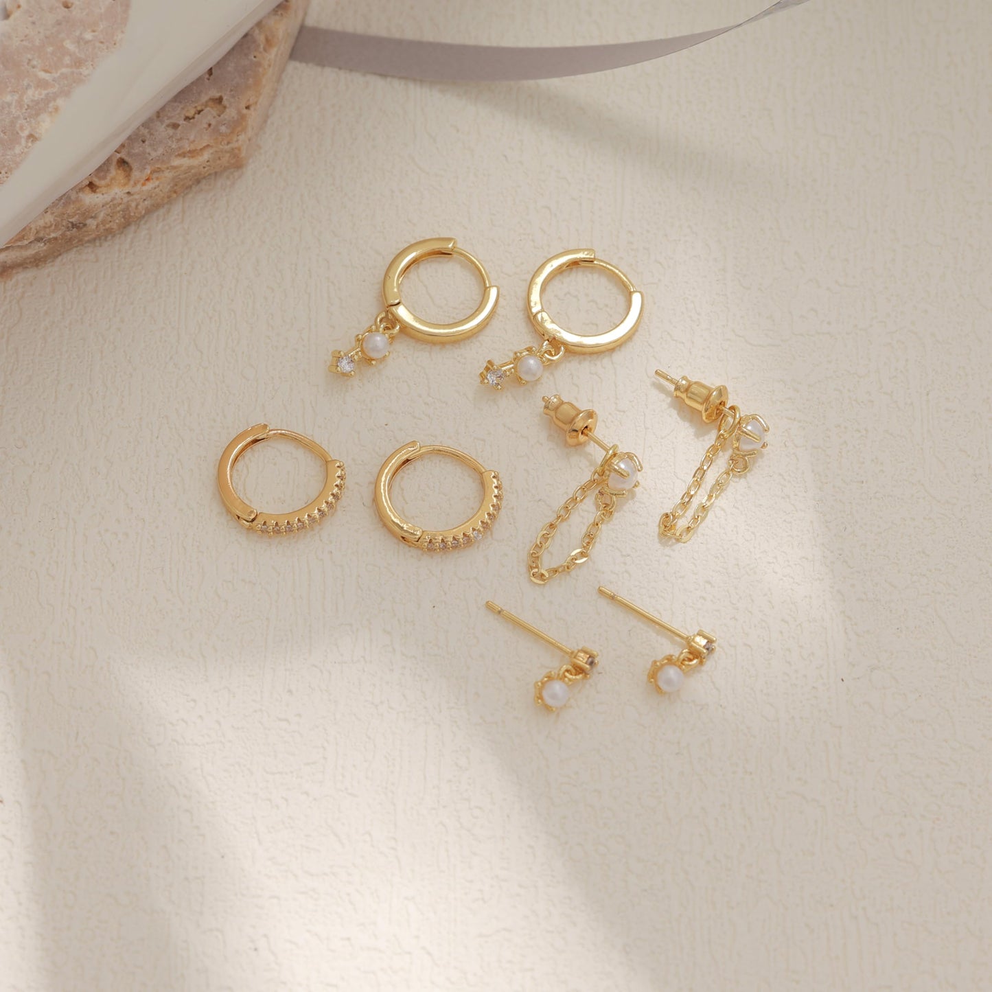 Gold Earrings For Women, Dainty Huggie Earrings Stack 14K Gold Plated Pearl Dangle Earrings for Women Trendy Cute Hypoallergenic Unique Gold Earring Stack Fashion Gold Jewelry Gifts