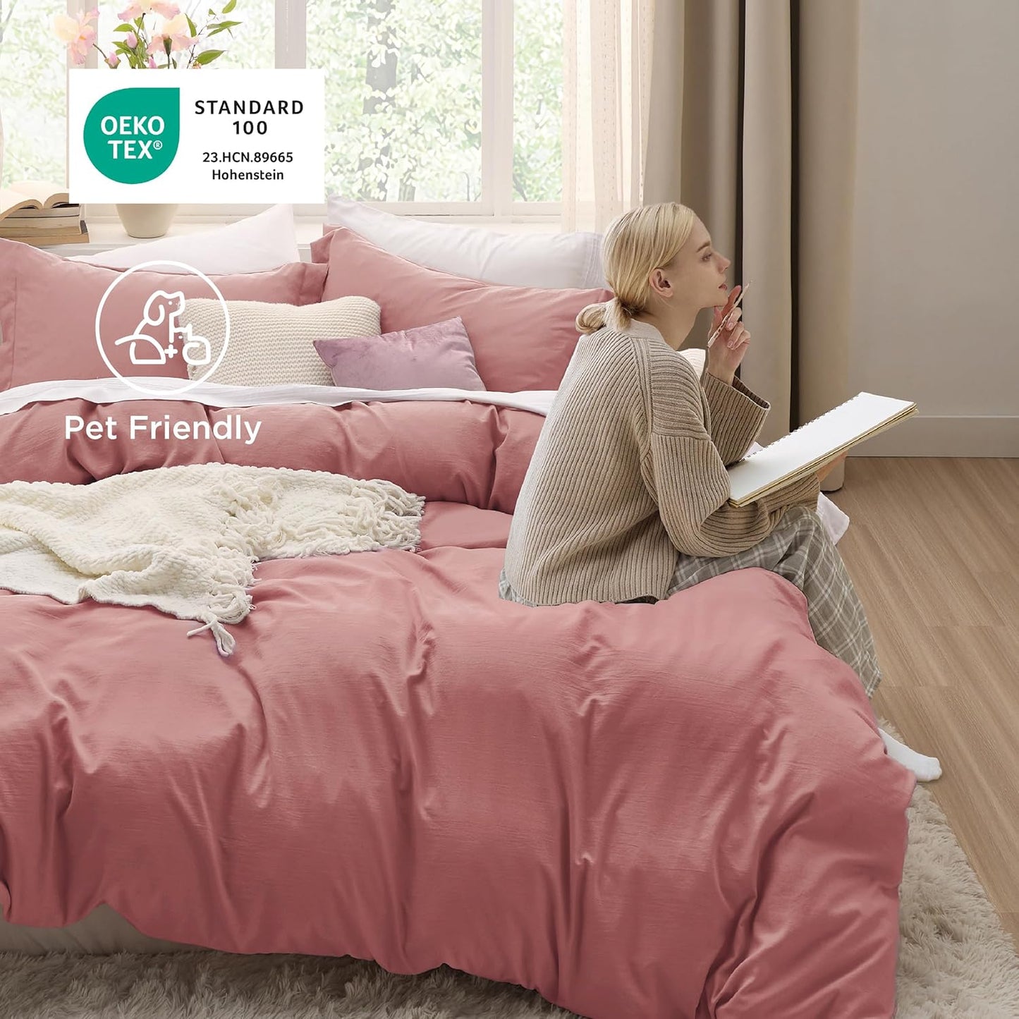 Funda nórdica blanca Bedsure, tamaño Queen, 3 piezas, aspecto de algodón prelavado, juego de cama extrasuave, incluye 1 funda nórdica de 228 x 228 cm con cierre de cremallera y 2 fundas de almohada, edredón no incluido