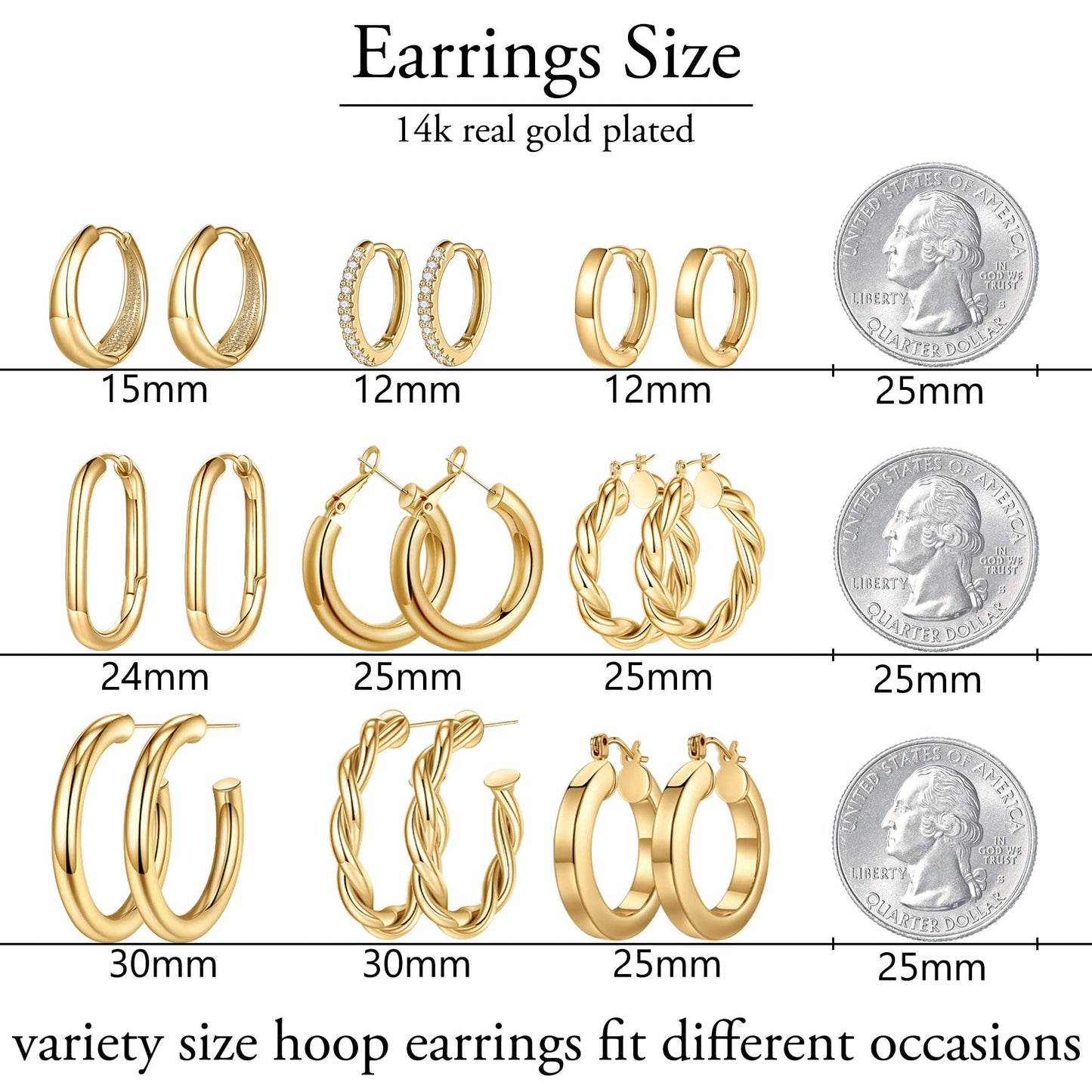Yesteel 9 Pairs Gold Hoop Earrings for Women, 14K Real Gold Plated Chunky Hoop Earrings Set for Women Hypoallergenic Thick Lightweight Earring for Womens Jewelry Gifts