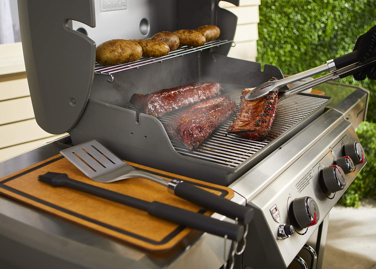 Weber Precision 3‑Piece Grilling Tool Set – Stainless Steel Tongs, Spatula & Silicone Basting Brush with Non‑Slip Handles and Hands‑Free Locking - Grill Accessory Kit
