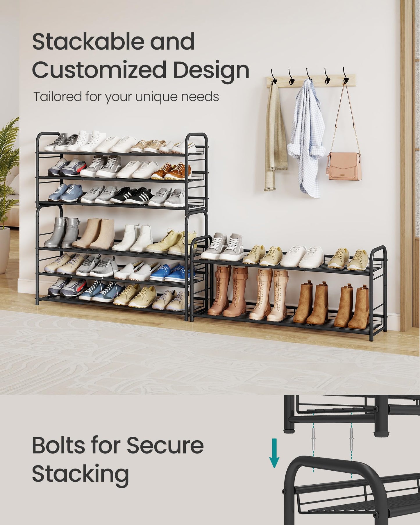 SONGMICS Stackable Shoe Rack, 4 Tier Metal Shoes Rack Storage Shelf, Holds up to 16 Pairs Shoes, Adjustable Slanted Shelves Tower Organizer for Closet Entryway Small Spaces, Bronze