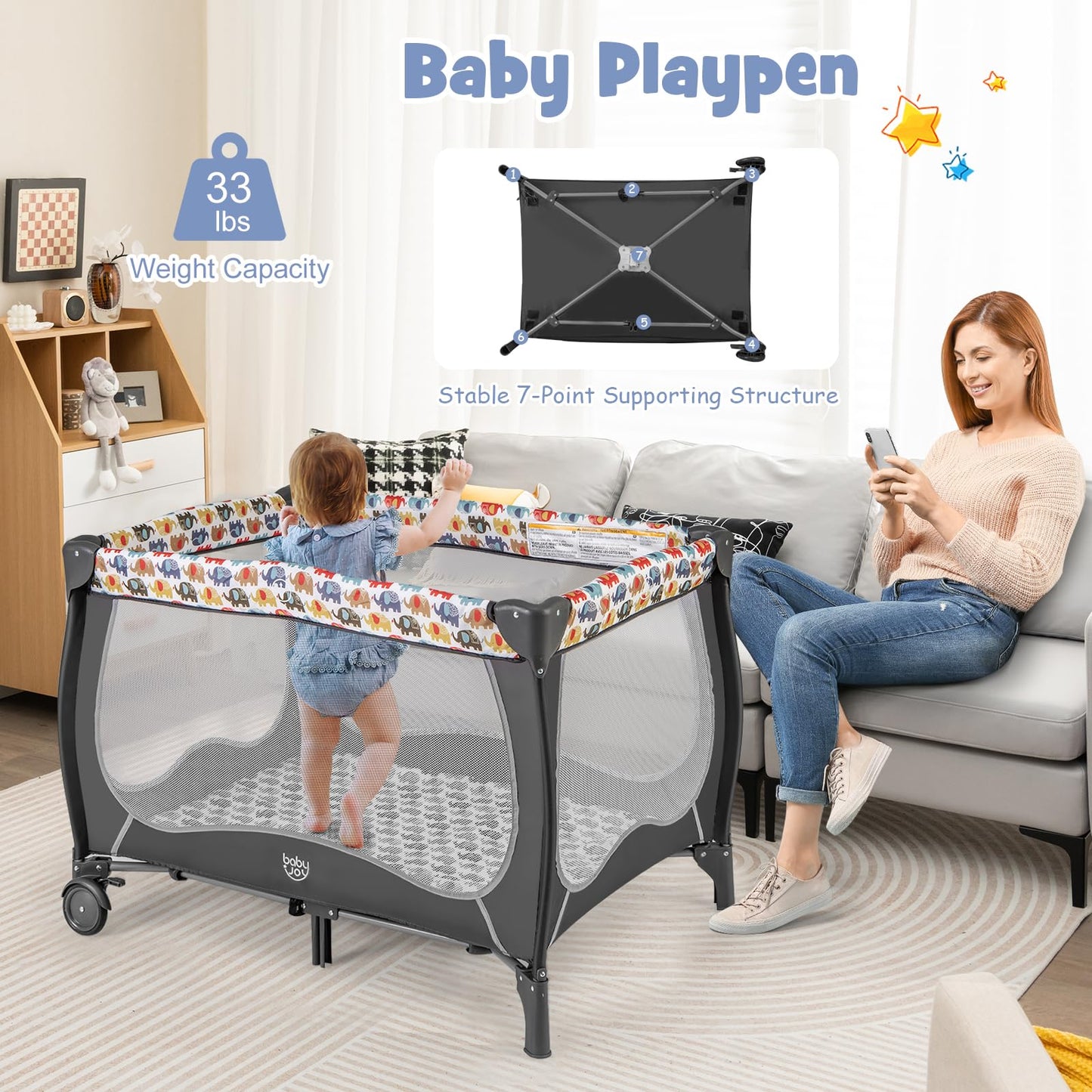 BABY JOY 4 in 1 Pack and Play with Canopy, Portable Baby Playard with Bassinet, Double-Layer Baby Crib, Wheels & Brake, Foldable Baby Girl Pink Bassinet from Newborn to Toddler
