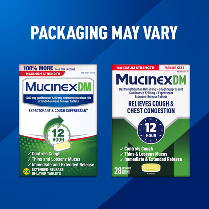 Mucinex DM Maximum Strength Cough Suppressant & Expectorant Tablets, 28ct - 1200mg Guaifenesin (Pack of 2)