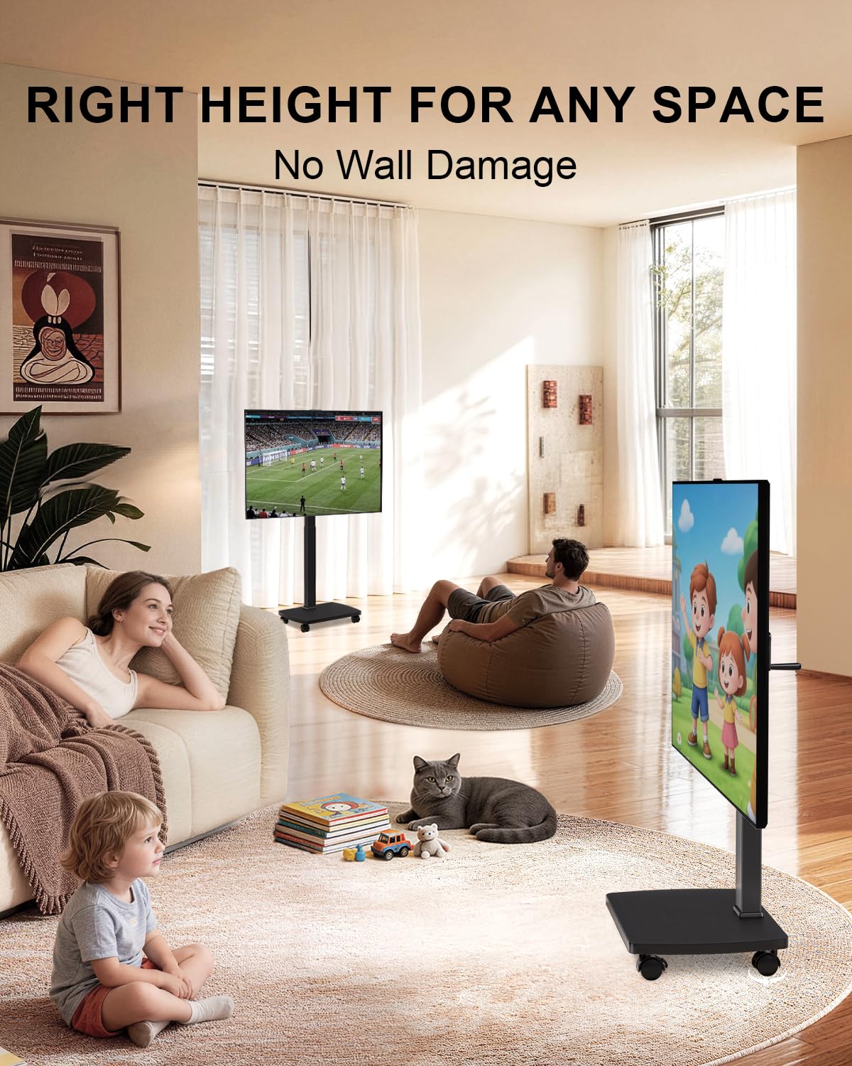 WALI Rolling TV Stand with Power Outlet & AV Shelf, Mobile Tall TV Stand Mount on Wheels for 34-75 inch TV up to 110 lbs, Swivel Height Adjustable TV Cart with Wood Base for Bedroom(TVDVD-6PRW), White