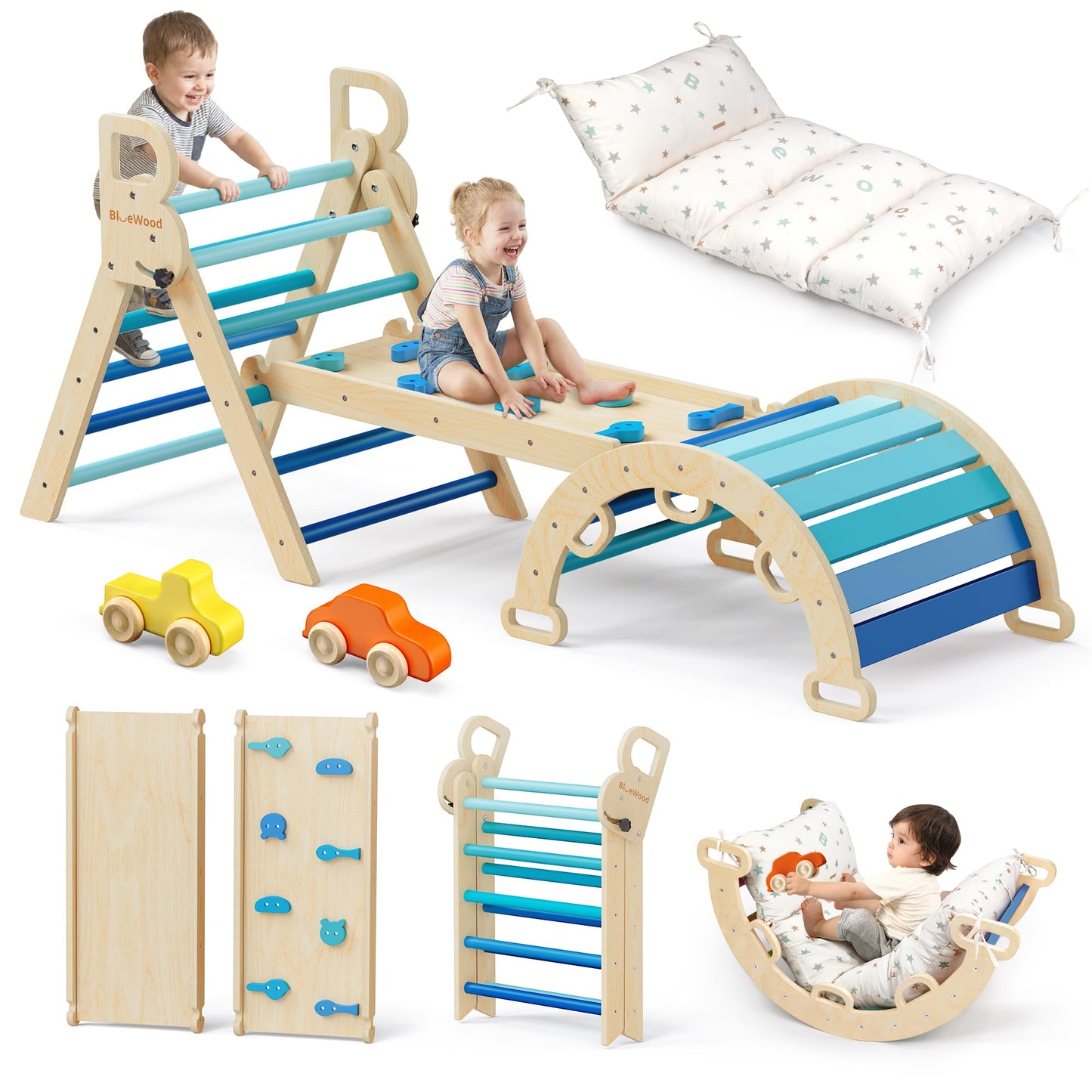 BlueWood Pikler Triangle Set with Cushion, 8-in-1 Climbing Toys for Toddlers, Montessori Philosophy Play Jungle Gym with Arch, Ramp, Ladder(Natural Wood)
