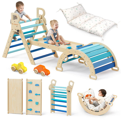 BlueWood Pikler Triangle Set with Cushion, 8-in-1 Climbing Toys for Toddlers, Montessori Philosophy Play Jungle Gym with Arch, Ramp, Ladder(Natural Wood)