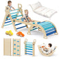BlueWood Pikler Triangle Set with Cushion, 8-in-1 Climbing Toys for Toddlers, Montessori Philosophy Play Jungle Gym with Arch, Ramp, Ladder(Natural Wood)