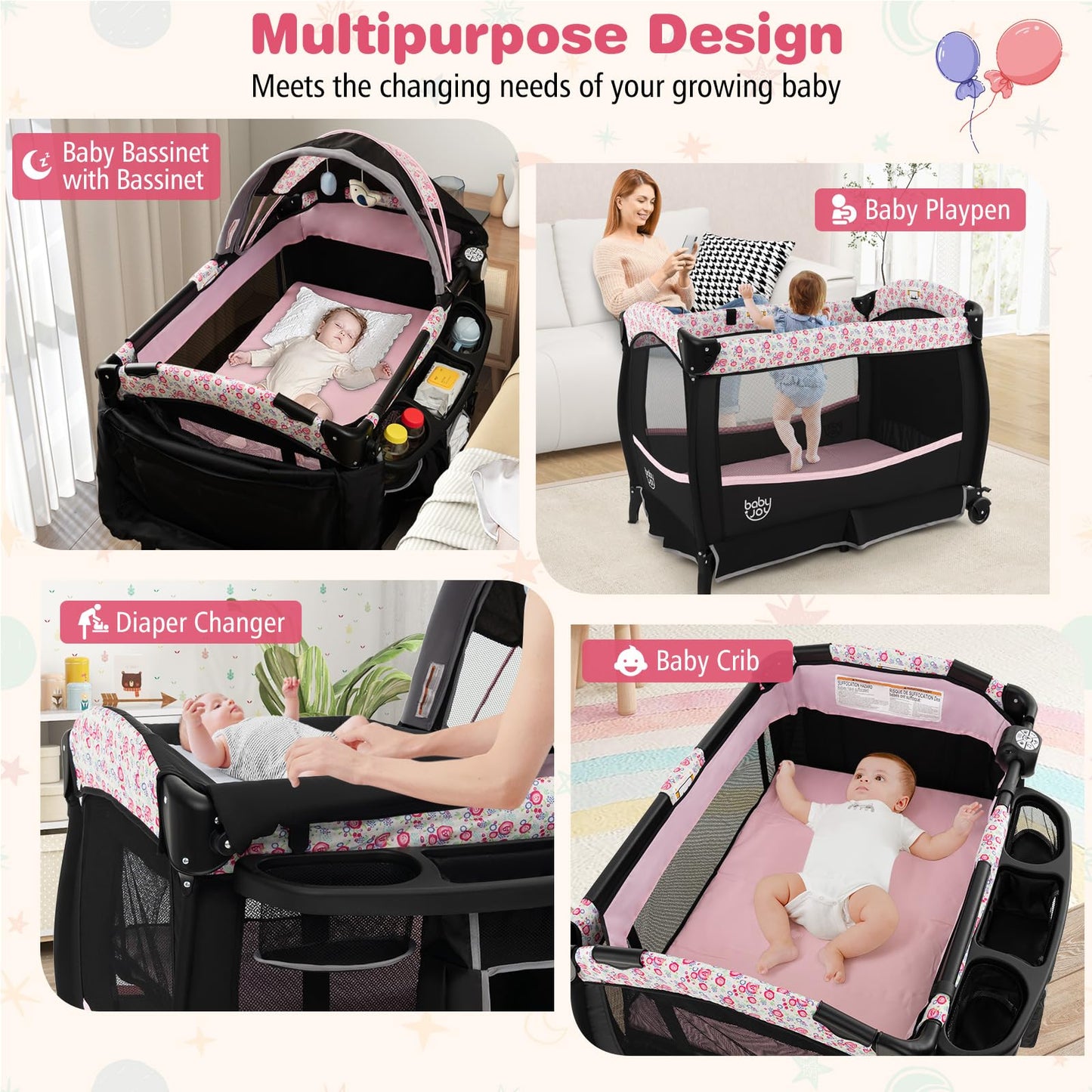 BABY JOY 4 in 1 Pack and Play, Portable Baby Playard with Bassinet & Flip-Away Changing Table, Canopy, Portable Bedside Crib with Storage Basket, Oxford Bag, Infant Bassinet from Newborn to Toddlers