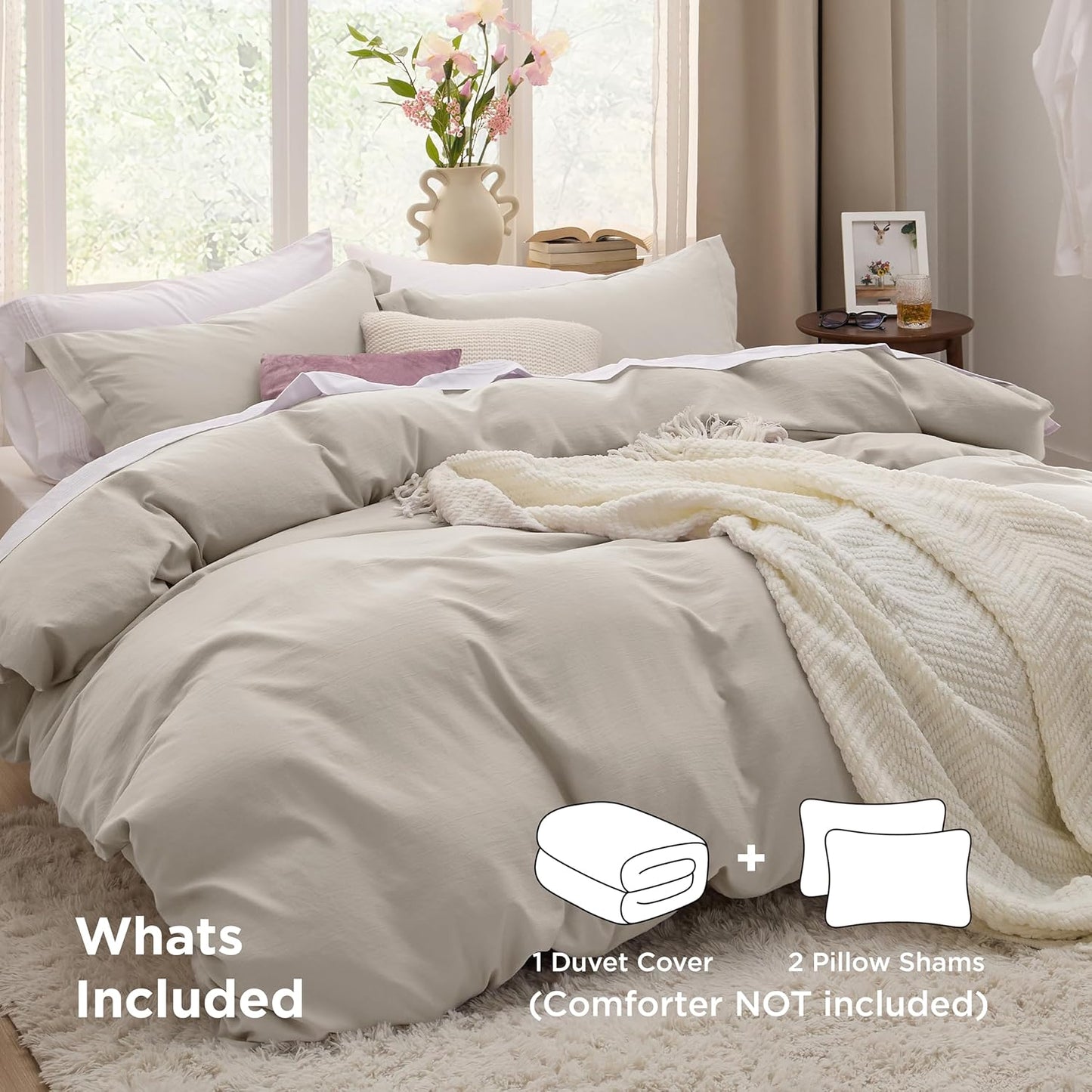 Funda nórdica blanca Bedsure, tamaño Queen, 3 piezas, aspecto de algodón prelavado, juego de cama extrasuave, incluye 1 funda nórdica de 228 x 228 cm con cierre de cremallera y 2 fundas de almohada, edredón no incluido