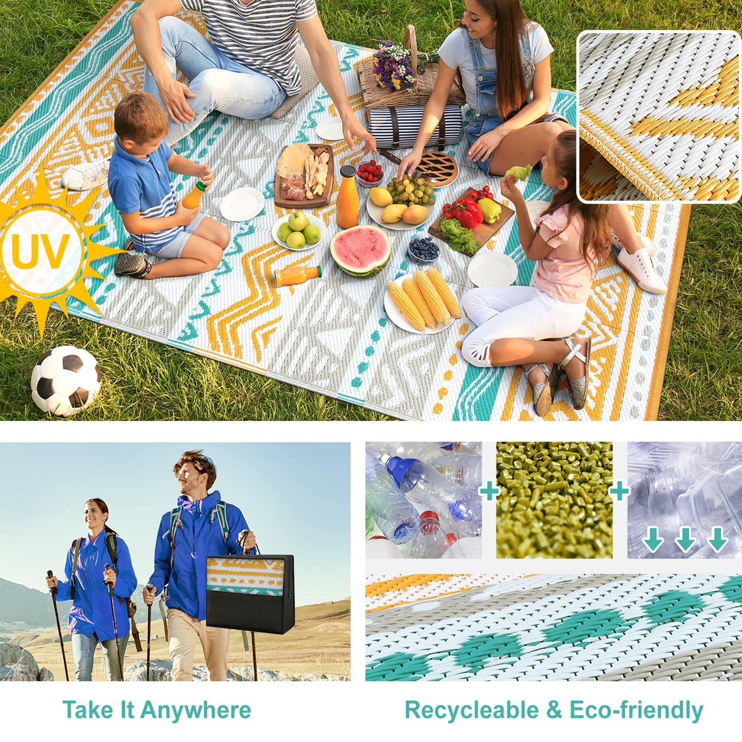 Lahome Outdoor Rugs 8x10 Waterproof, Reversible Outdoor Plastic Straw Rug for Camping Patio, RV Outdoor Rugs Outside, Outdoor Carpet for Porch Deck Backyard Picnic(Blue/Yellow,8'x 10')