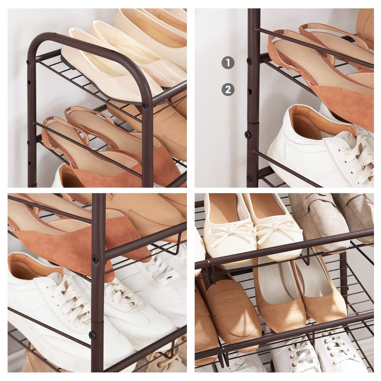 SONGMICS Stackable Shoe Rack, 4 Tier Metal Shoes Rack Storage Shelf, Holds up to 16 Pairs Shoes, Adjustable Slanted Shelves Tower Organizer for Closet Entryway Small Spaces, Bronze