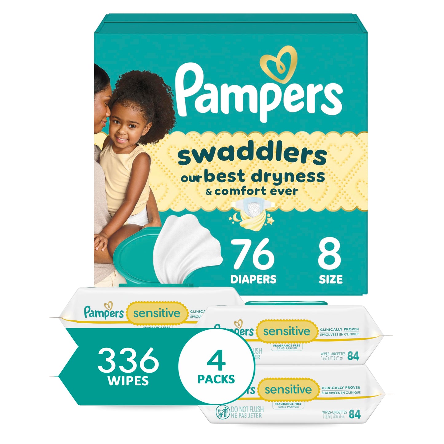 Pampers Swaddlers Disposable Baby Diapers Size 1, One Month Supply (198 Count) with Sensitive Water Based Baby Wipes 6X Pop-Top Packs (336 Count)