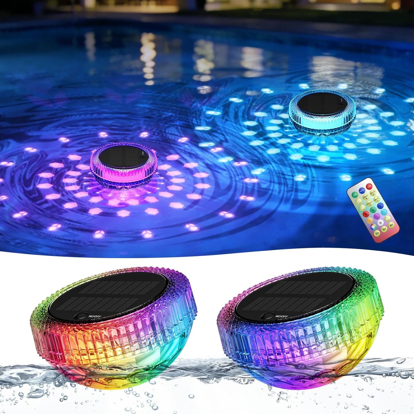 Bsgifts Solar Floating Pool Lights, Outdoor LED Pool Lighted that Float with Remote, IP68 Waterproof Swimming Decor Lighting for Inground Pool, Above Ground Pools, Pond, 2 Pack